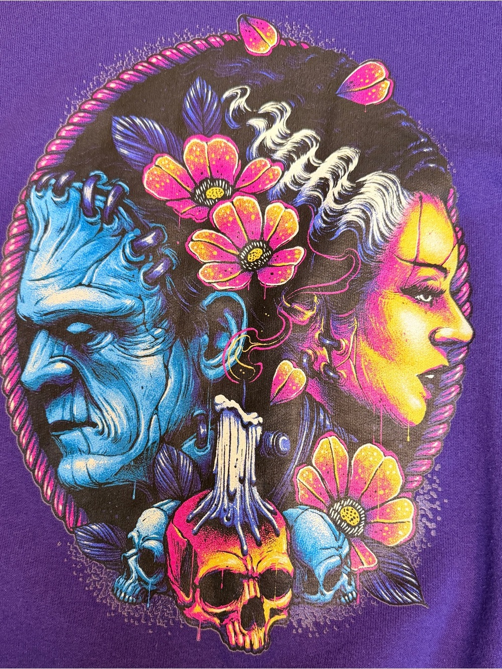 Frankenstein Bride Purple Graphic Sweatshirt Jerzees Size Large Cotton Polyester
